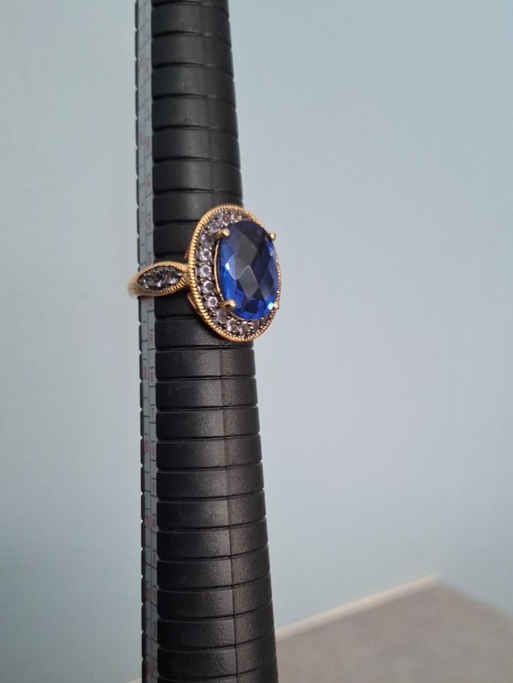 Gold Tone Ring with Oval Blue Gemstone and Accent Stones Turkish Style